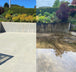 a before and after of a concrete parking area heavily discoloured by organic material, cleaned and sealed using products from stonesealer Canada