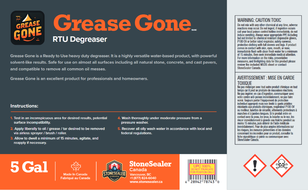 the label for grease gone rtu natural degreaser made in Canada by stonesealer Canada