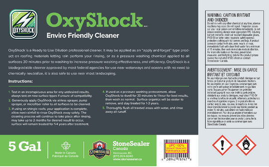 the label for a 5 gallon pail of oxyshock eco friendly organics removing cleaner for use by DIY and professional cleaners on stone, concrete, roofs, siding and more.