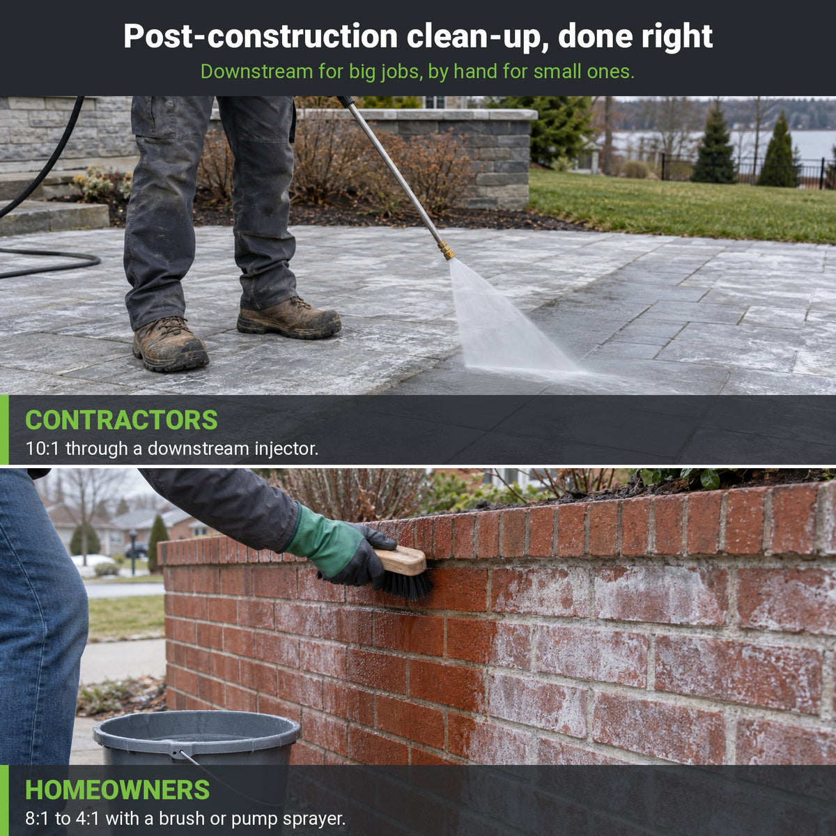 EffBOMB Efflorescence Remover Concentrate: how it is applied, by homeowners and professionals