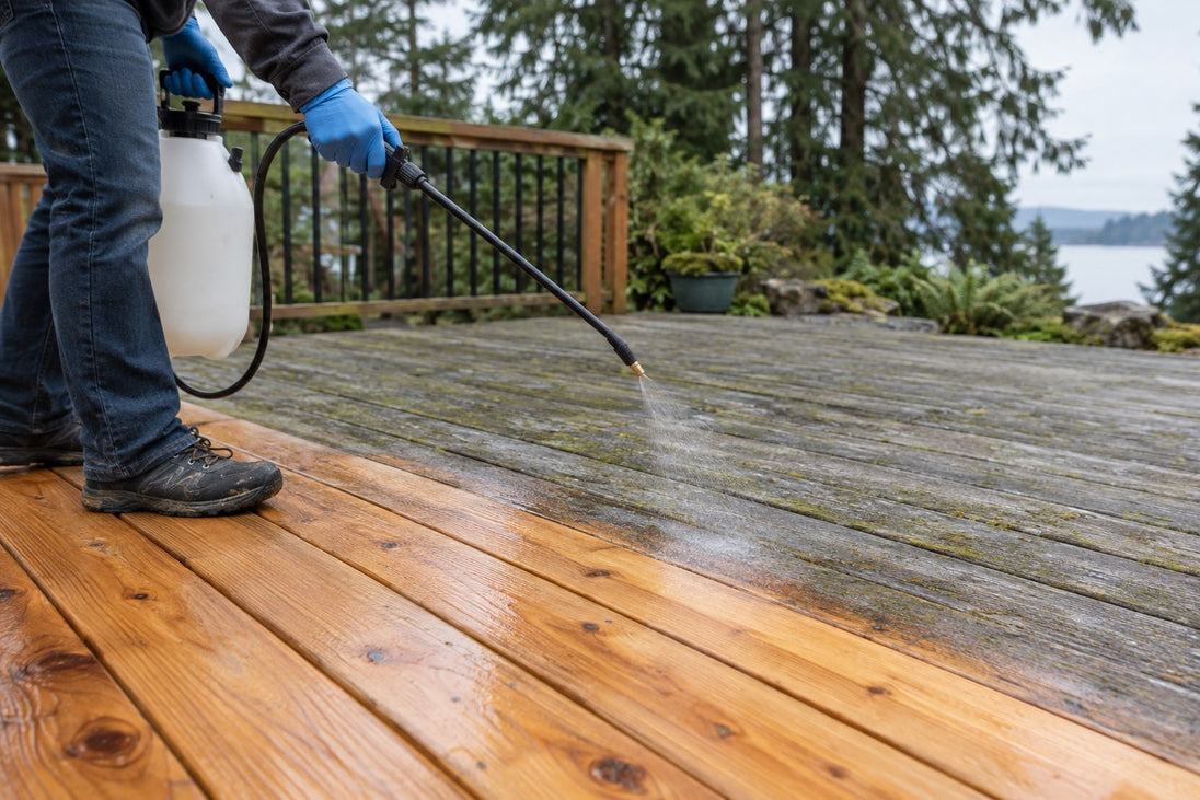 Homeowner applying OxyShock HD to a weathered cedar deck with a pump sprayer, bright clean wood in the foreground