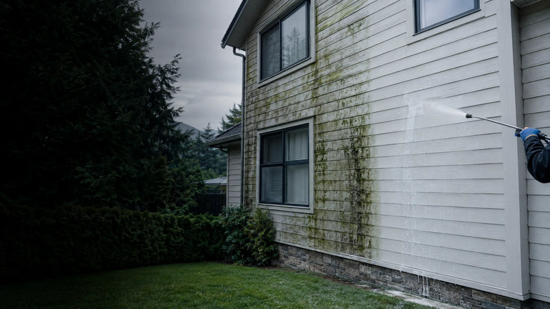 Soft washing green algae and organic growth off house siding on a West Coast home