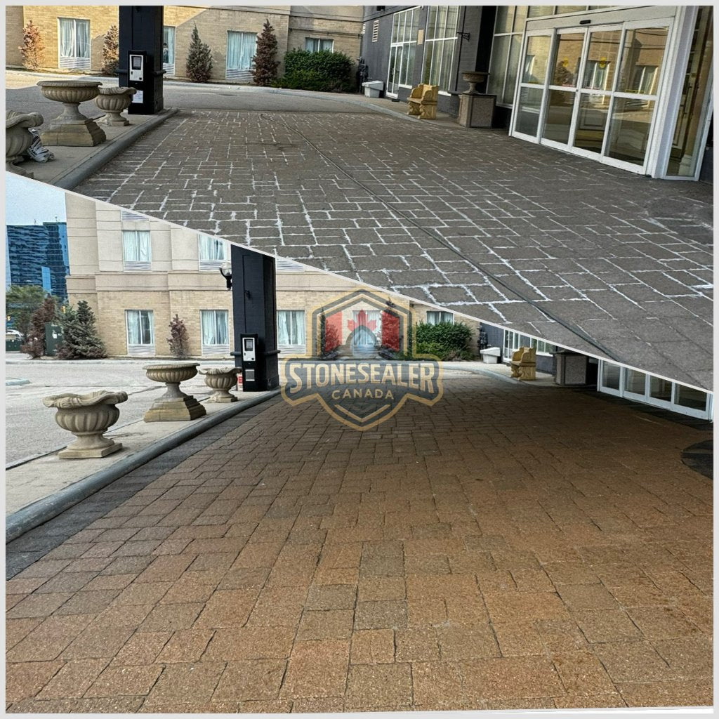 a before and after of pavers outside a hotel in Toronto that were restored during a training session for installing trident hurricane cat 5 two part urethane sealer, offering high gloss and deep colour enhancement. the pavers were also cleaned with effbomb from stonesealer Canada